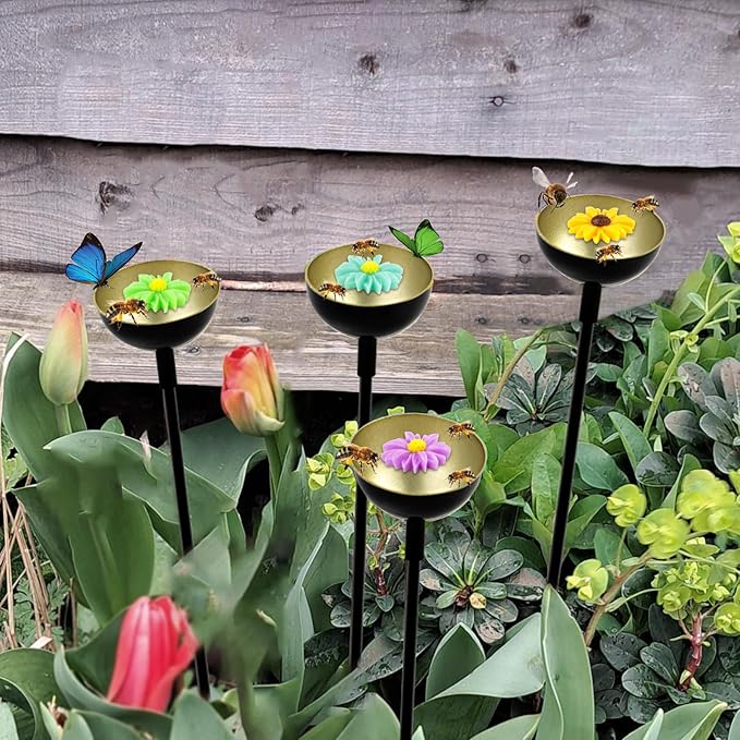 4 Pack Bee Cups For Garden with Artificial Flowers, Bee Waterer And Butterfly Water Stations, Bee Water Catcher Cups For Thirsty Pollinators, Bee Bath, Colorful Metal Garden Sculpture Stakes Decor