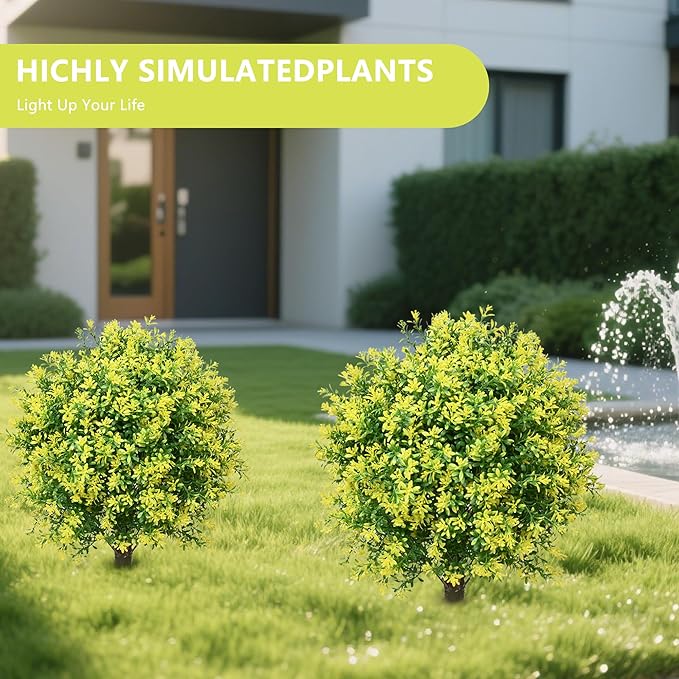 28" Artificial Boxwood Topiary Tree Yellow– UV Resistant Outdoor Faux Topiary Plant, Realistic Fake Topiary Bush for Porch, Patio, Front Door, Fake Evergreen Tree Home Decor