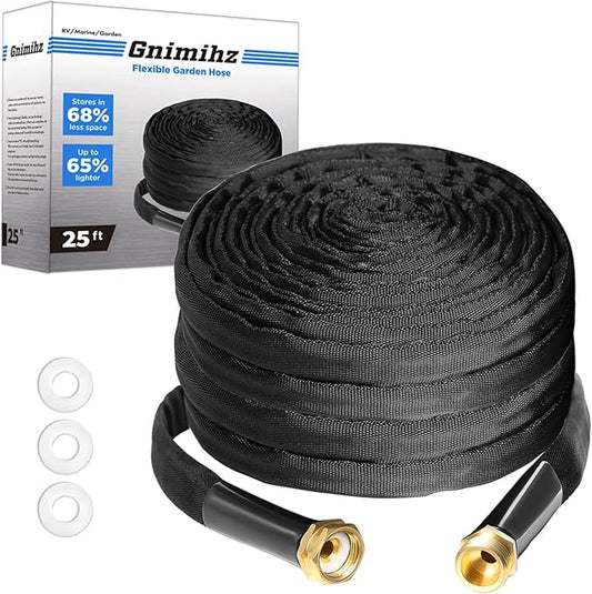 Garden Hose 25ft, Made of TPE(Not PVC), Ultra-Light & Flexible Water Hose with Solid Brass Fittings, Non-Shrinking, Easy to Storage, Drinking Water Safe Material, All-weather, Black, Newbox