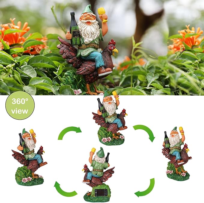 Garden Gnomes Statue Outdoor Decor,Funny Gnome Riding Rooster Sculptures Art Decor, Ideal Decoration for Yard Balcony Patio Lawn Home House - Birthday Gifts