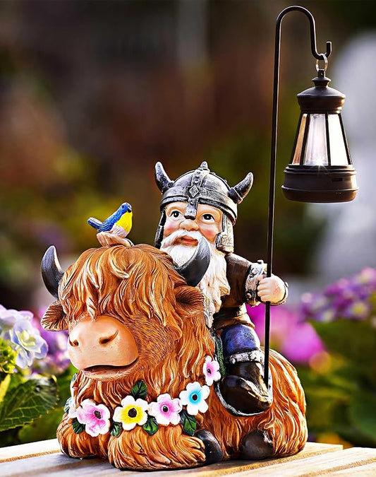 Garden Gnome Outdoor Statue 12 Inch Highland Cow Gnomes Decorations for Yard Patio Lawn Porch Birthday Gifts for Women Men, Mother’s Day, Housewarming with Solar Light Funny Decor for Outside