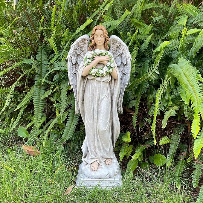 Garden Angel with Flower Wreath Statue - 16" Outdoor Memorial Angel Decor