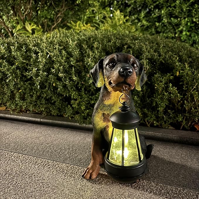 Garden Dog Statues Outdoor Decor, 10.6" Solar Light Dog Statue with Lantern, Puppy Solar Dog Figurine Sculpture for Outdoor Gardens Patio, Lawn, Yard, Housewarming Ornament Gift