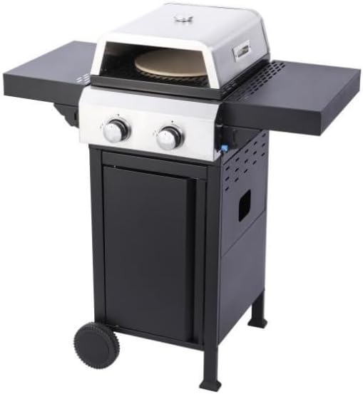 2-Burner Propane Gas BBQ Grill with Pizza Box, 24,600 BTU Output, Wire Enamel Grids, Foldable Side Table and Hanging Basket, Stainless Steel Patio Grill