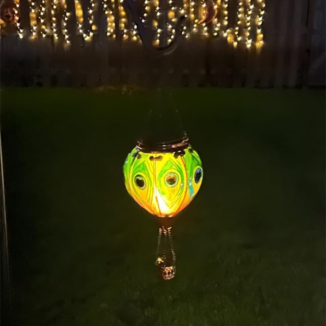 2PCS Solar Hot Air Balloon Lanterns with Flame with Shepherd's Hooks, Glass Hanging Flickering Lights Outdoor Waterproof for Garden Tree Yard Patio Mother's Day Gift, 18" H Peacock Green