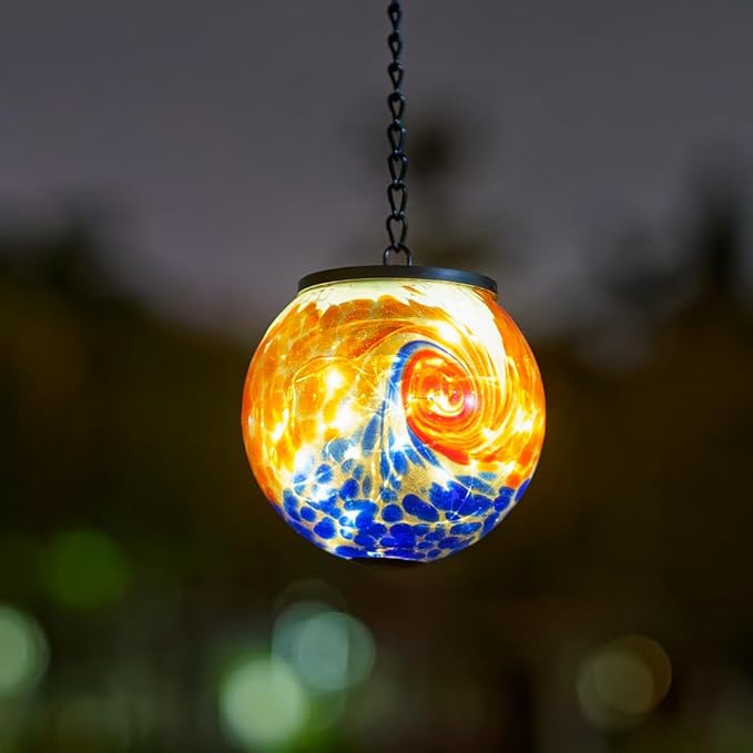 Hanging Solar Lanterns Outdoor Waterproof, Hanging Glaze Glass Solar Lantern, Gazing Ball Lantern Waterproof Decor for Yard Garden Patio