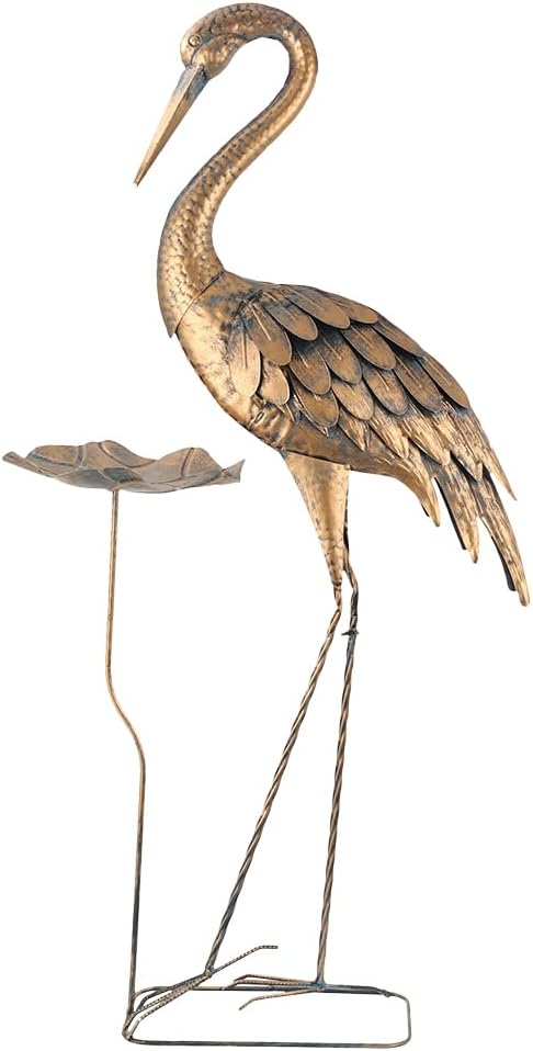 42'' Heron Garden Statue for Outside, Crane Outdoor Statue & Sculpture with Lotus Leaf, Metal Heron Yard Art Decor for Garden, Yard, Lawn, Pond (Gold & Blue)