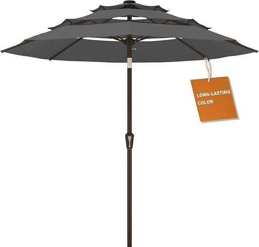 Kingdura 9ft 3-Tier Patio Umbrella, Outdoor Table Umbrella with Easy Crank & Tilt, 8 Reinforced Ribs, UV Protection for Deck, Pool, Market, Backyard (Grey)