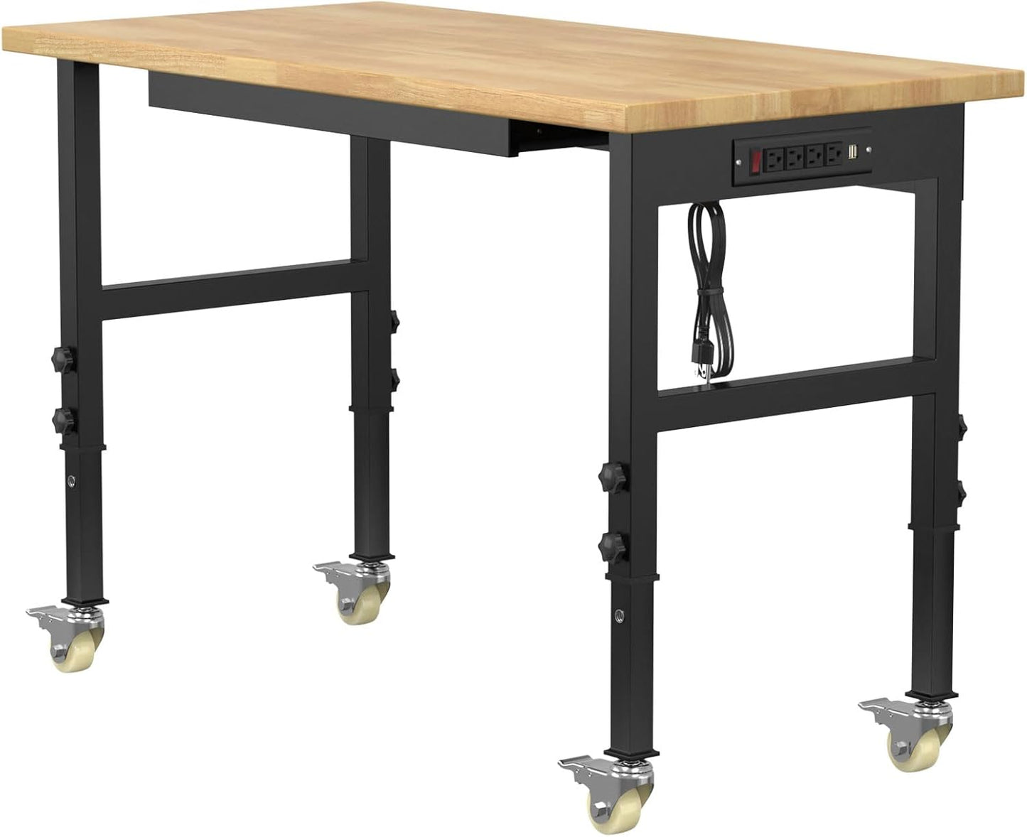 48" Adjustable Workbench,Heavy-Duty Work Table,3000 LBS Load Capacity Hardwood Workstation Outlets with Power Strips, Drawers and Wheels,for Workshop, Garage