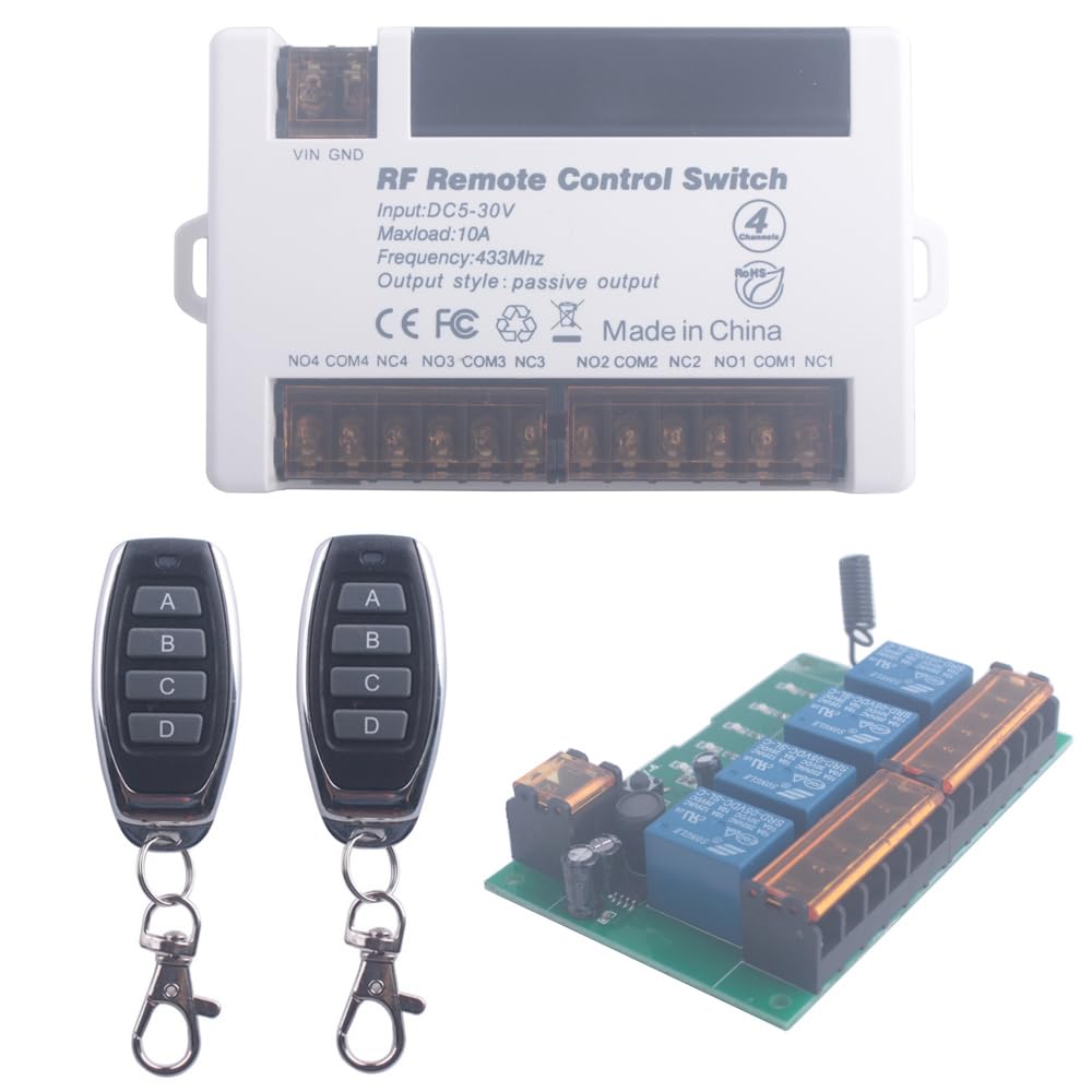 12V 24V 4 Channels Wireless Relay Remote Control Switch, RF 433Mhz DC 5V-30V Garage Door Opener Wireless Switch with Receiver 2 Transmitters, Easy to Terminal Wiring (4CH 2* Controller 433Mhz)