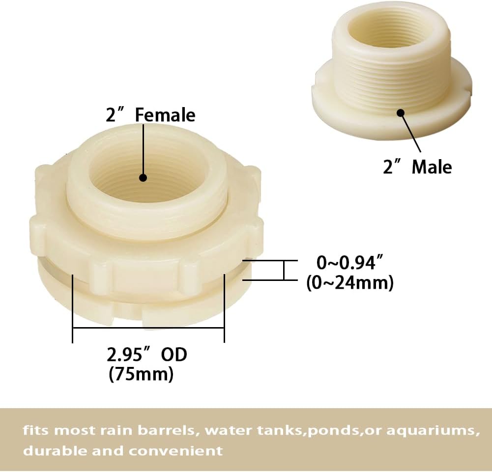 2" Female ABS Bulkhead Fitting, Plastic Water Tank Connector Adapter Fitting with Plugs for Outdoor rain Barrel Garden Hose Adapter Spigot kit Water Tank Gallon Drain Bucket(Set of 2)