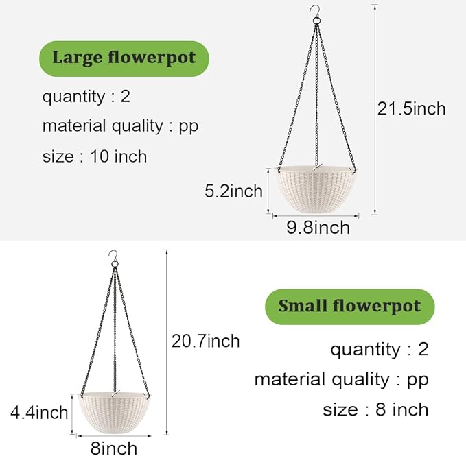 Hanging Planters for Indoor Outdoor Plants 8/10 Inch, 4 Packs Plant Hanger with Drainage Holes, Hanging Basket Flower Pot Perfect for Home, Office and Garden,White