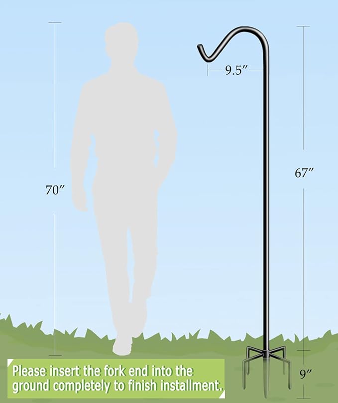 Garbuildman 76 Inch Tall Shepherd Hooks with 5-Forked Base, Adjustable Heavy Duty Bird Feeder Pole Stand Hanger for Outdoor, Shiny Black, 2 Pack