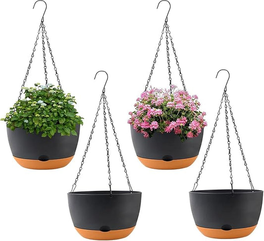 4 Pack Plastic Hanging pots for Plants Indoor,8 Inch Plant Pot Indoor Outdoor Hanging Baskets,Hanging Flower Pots with Drainage Holes and Chain for Garden Porch Plants(Black)