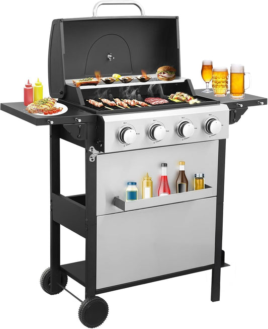 4 Burner Propane Gas Grill with Spice Rack, Foldable Side Tables, Durable Lid, Stainless Steel Burners, Built-in Thermometer, 34,200 BTU Gas Grill for Patio, Garden BBQ