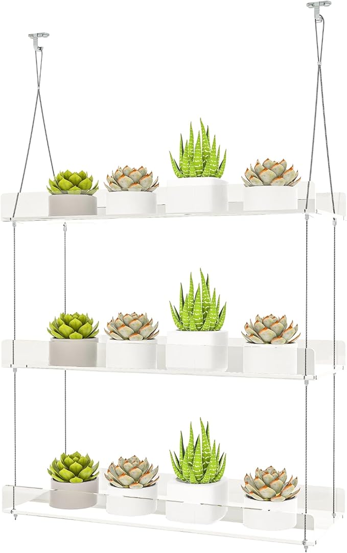 Hanging Clear Window Plant Shelves, Height Adjustable Acrylic Window Plant Hanger, 3-Tier Sturdy Window Sill Plant Shelf for Indoor Window Grow Herbs, Succulents, Flower
