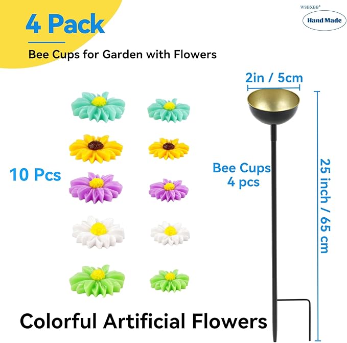 4 Pack Bee Cups For Garden with Artificial Flowers, Bee Waterer And Butterfly Water Stations, Bee Water Catcher Cups For Thirsty Pollinators, Bee Bath, Colorful Metal Garden Sculpture Stakes Decor