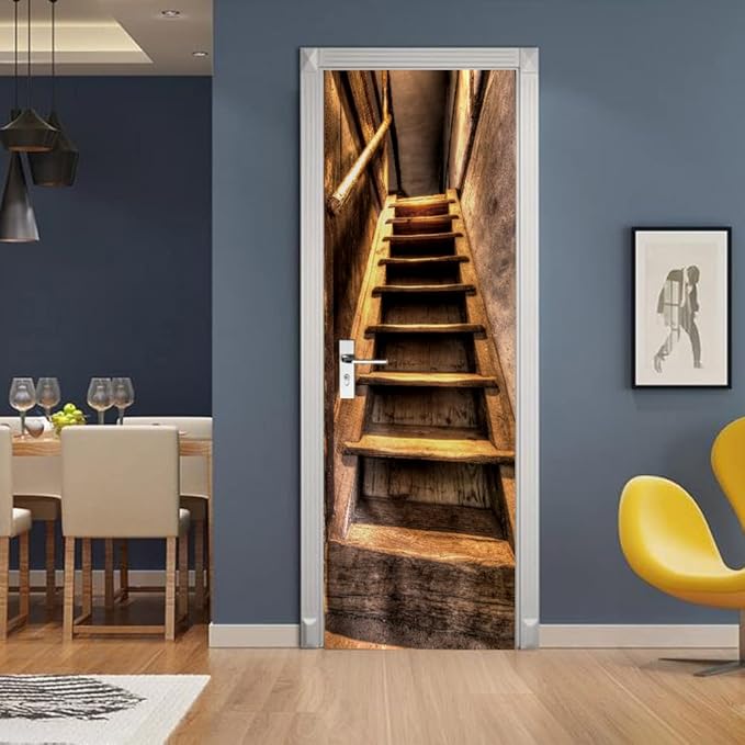 3D Door Stickers Murals Peel and Stick - Wooden Stairs - Door Wallpaper Self-Adhesive Door Decals Removable PVC Waterproof Door Poster for Bedroom Living Room Door 35.4" x 78.7"