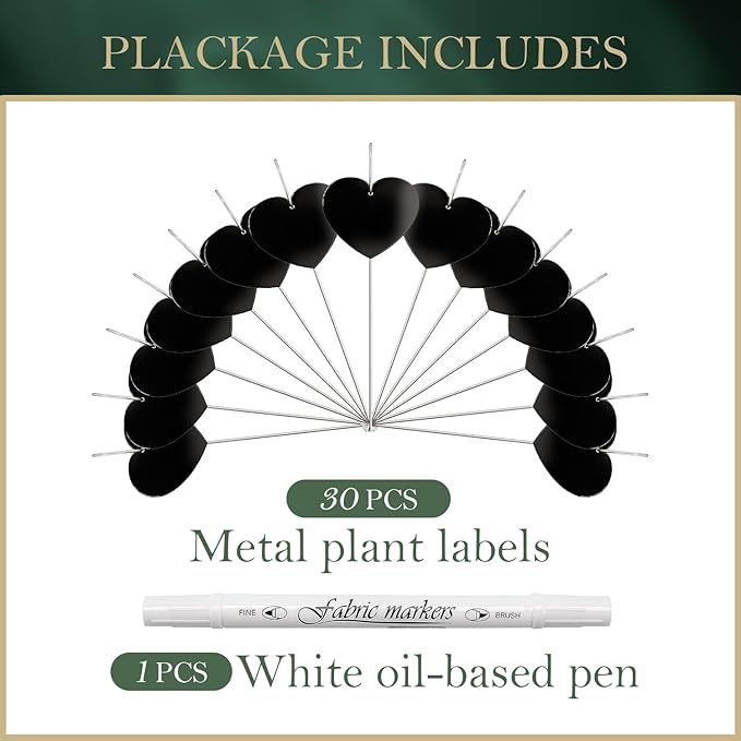 30-Pack Iron Metal Heart Shaped Garden Markers Weatherproof Metal Plant Labels Large Planting Seedling Stake Signs, for Seedlings Herbs Vegetable Greenhouse Gifts with White Marker Pen Labels