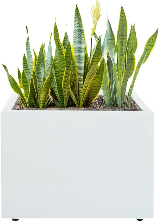 Galvanized Steel Rectangular Planter, 16"x 12"x 12" Small Planters for Outdoor Plants, White Outdoor Planter with Drainage Holes