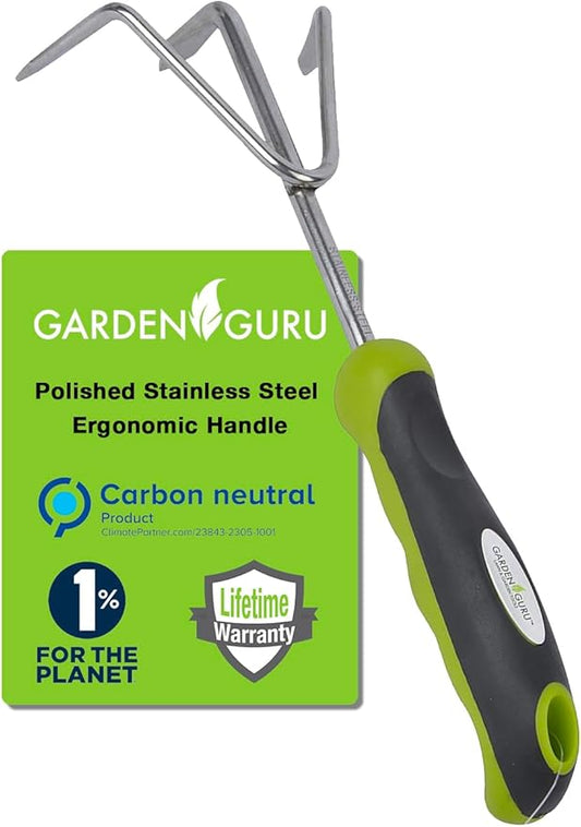 Garden Guru Hand Cultivator Rake Tiller Tool - Stainless Steel for Ultimate Strength - Rust Resistant - Ergonomic Handle - Great for Gardening Cultivating Loosening Weeding