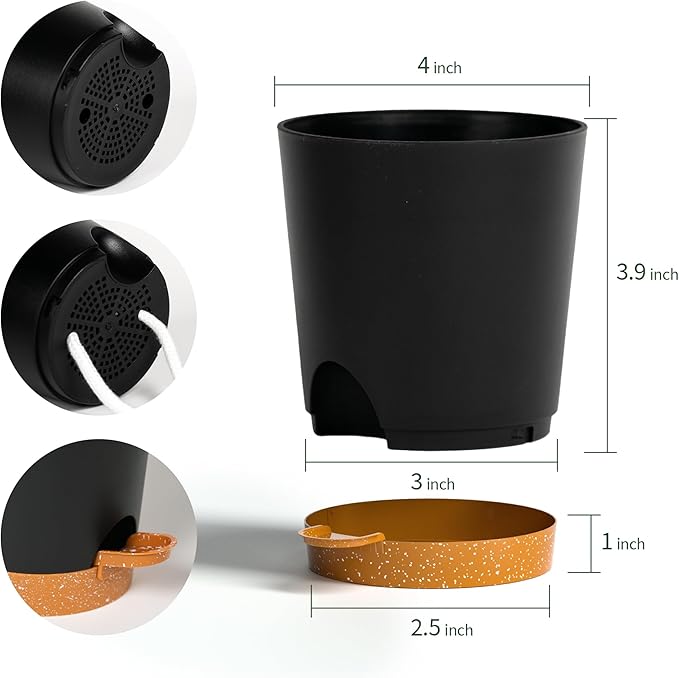 4 inch Small Plant Pots for Outdoor Indoor Plants, 5 Pack Planters with Drainage Holes and Tray, Small Self Watering Pots for Succulent,Cactus, Aloe and Other Plants (Black)