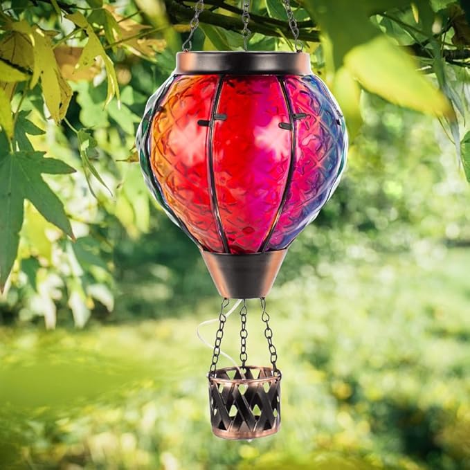 2PCS Hot Air Balloon Solar Lantern with Flame Flickering Light LED Glass Hanging Solar Lanterns Outdoor Waterproof Hot Air Balloon Decoration Outdoor Light for Patio Tree Yard Garden Decor