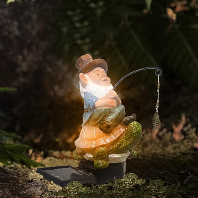 Garden Gnome Turtle solar LED Pond Statue Decoration, Fishing Gnome Turtle Garden Statue Outdoor Koi Pond or Waterfall or lawn Decor,5.3" Gnome turtle Fishing Poolside Statue contains ground insertion