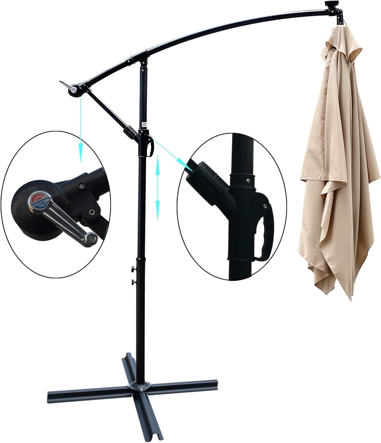 10x6.5FT Patio Umbrella, Outdoor Offset Umbrella with Cross Base and Crank, Rectangular Cantilever Umbrella with Solar Lights, Hanging Market Umbrella with 6 Rids for Pool, Deck, Backyard (Tan)