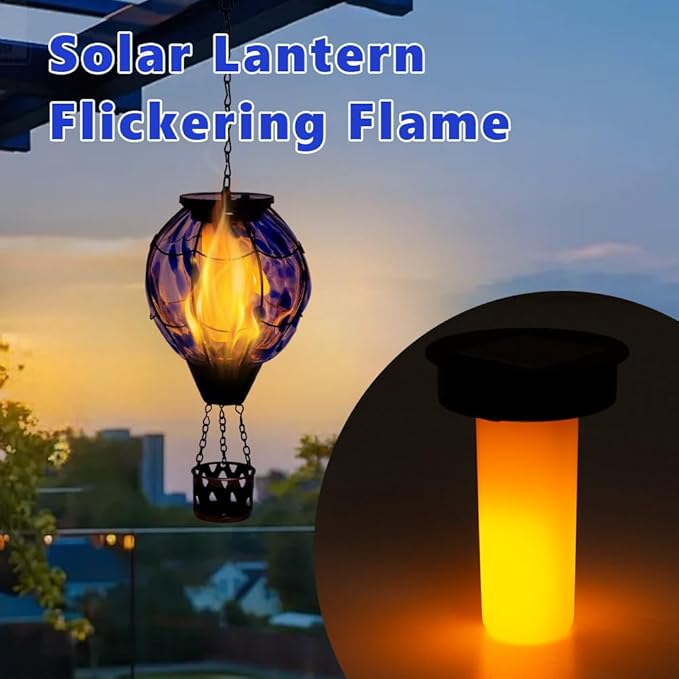 2PCS Solar Hot Air Balloon Lantern with Flickering Flame,Blue Glass Hot Air Balloon Solar Lanterns Outdoor Waterproof Hanging Decorative Light for Patio Porch Yard,Garden Gifts for Women