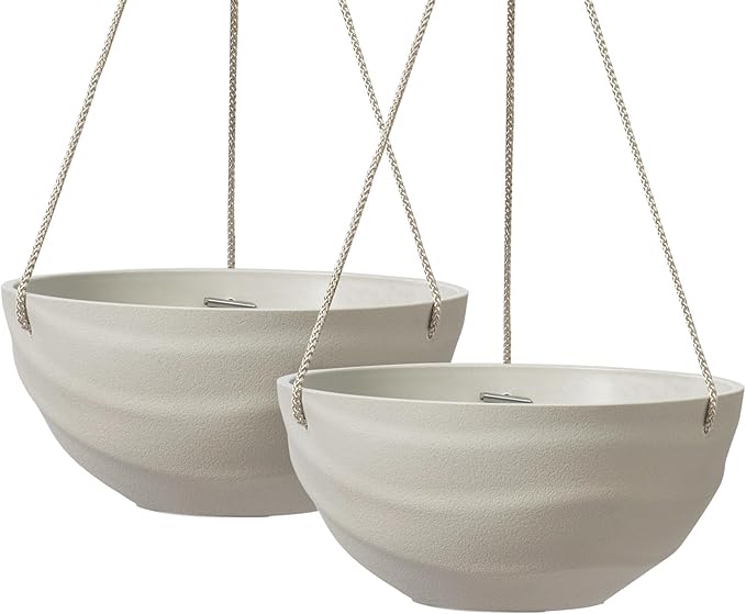 La Jolie Maison 10 Inch Hanging Planters for Indoor Plants, Outdoor Garden Planter Pots with Self-Watering Tray, Oatmeal, Set of 2