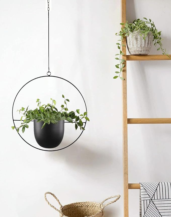 Hanging Planter for Indoor Outdoor Plants Metal Mid Century Minimalist Wall Ceiling Plant Hanger Hanging Flower Pot Basket Holder for Home Office Décor, Black