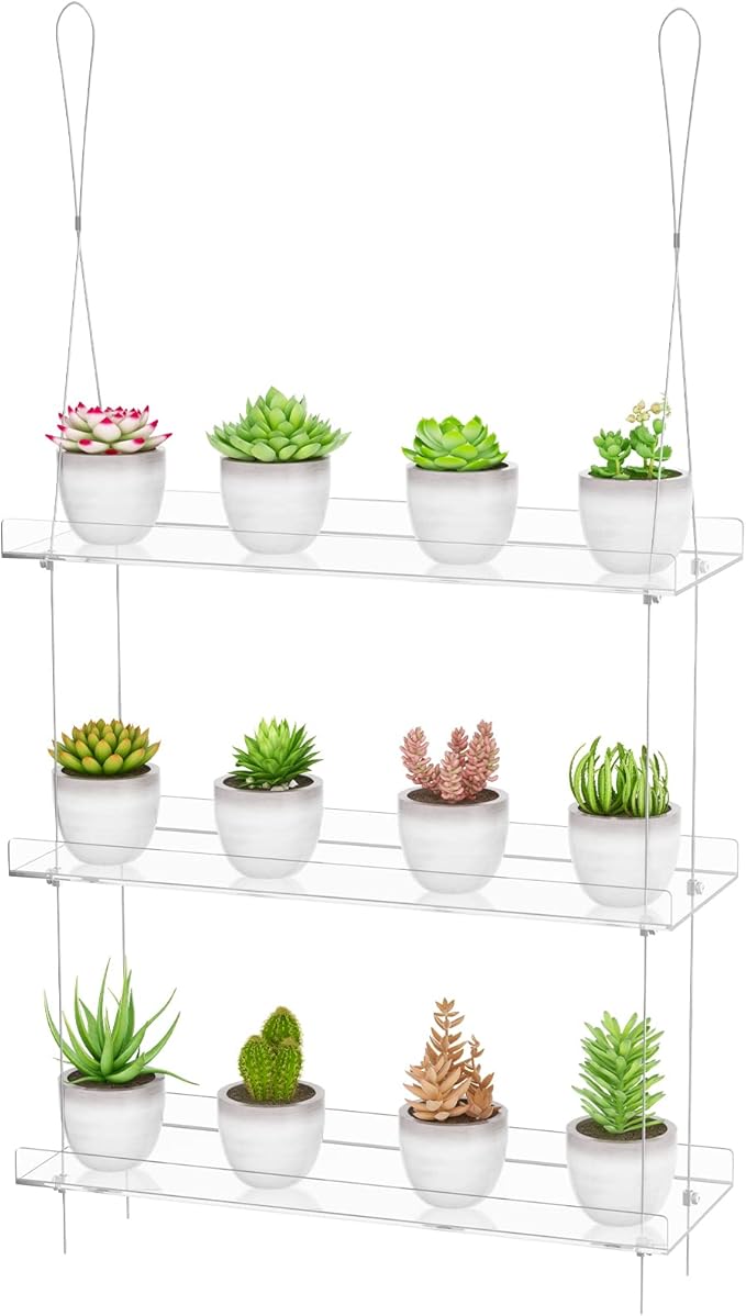 3-Tier Clear Hanging Window Plant Shelves 16In, Height Adjustable Acrylic , Indoor Windows Wall Hanging Plant Stand Flower Display, Flower Pot Organizer Storage for Grow Herbs, Microgreens, Succulents