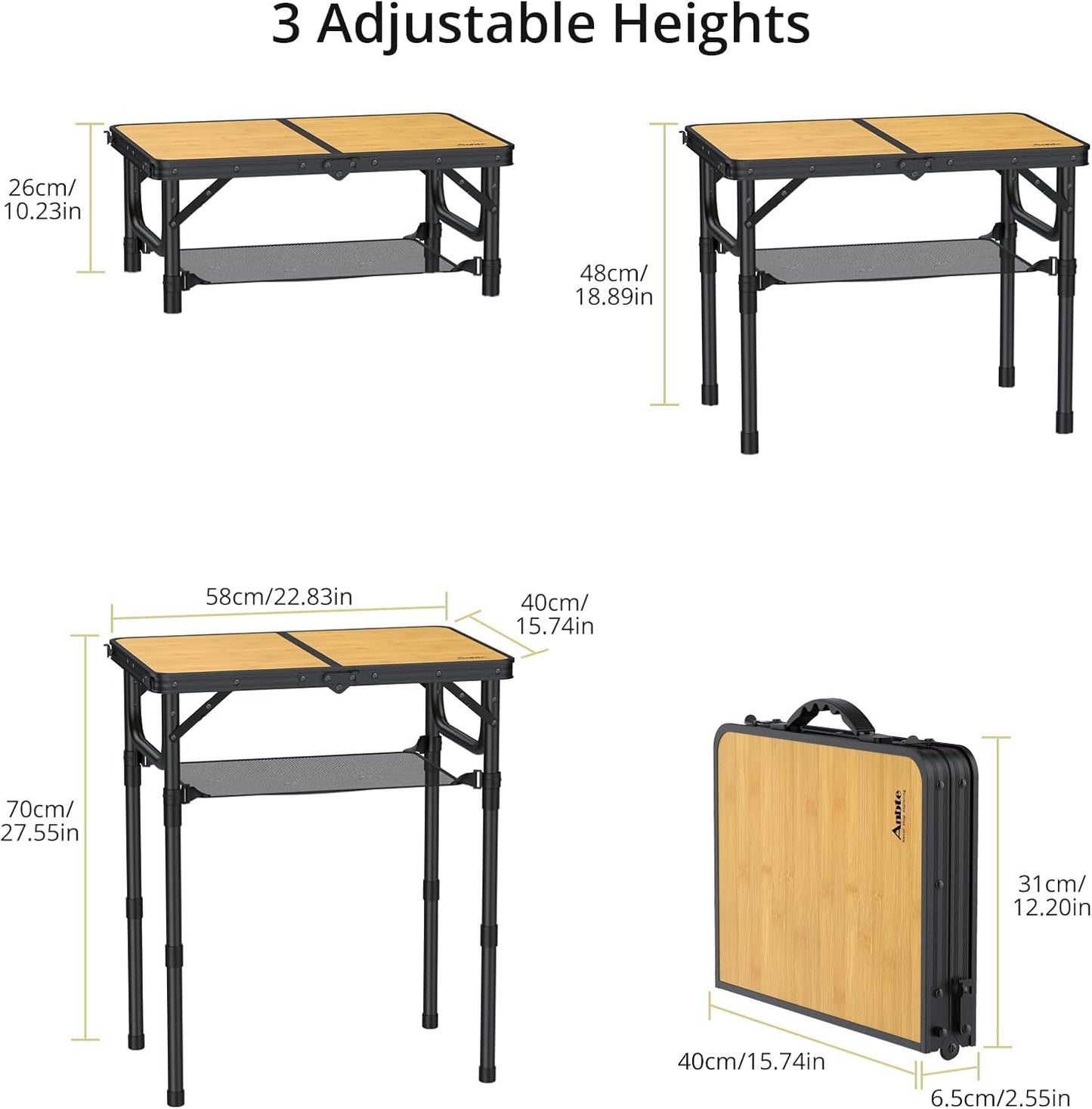 2ft Camping Table Foldable with Storage Net, 3 Adjustable Heights Aluminum Small Folding Table, Lightweight, Portable Handle, for Travel Outdoor Beach Camping Picnic, 23.2" x 16", Yellow