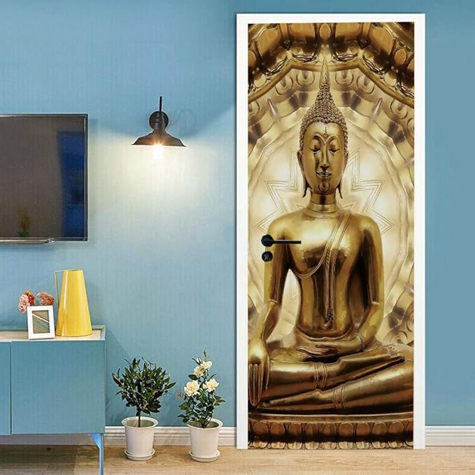 3D Door Stickers Murals - Buddha Statue - Peel & Stick Wallpaper - Self-Adhesive Decals - Removable PVC Waterproof Door Poster - 37.4" x 84.6" for Bedroom & Living Room
