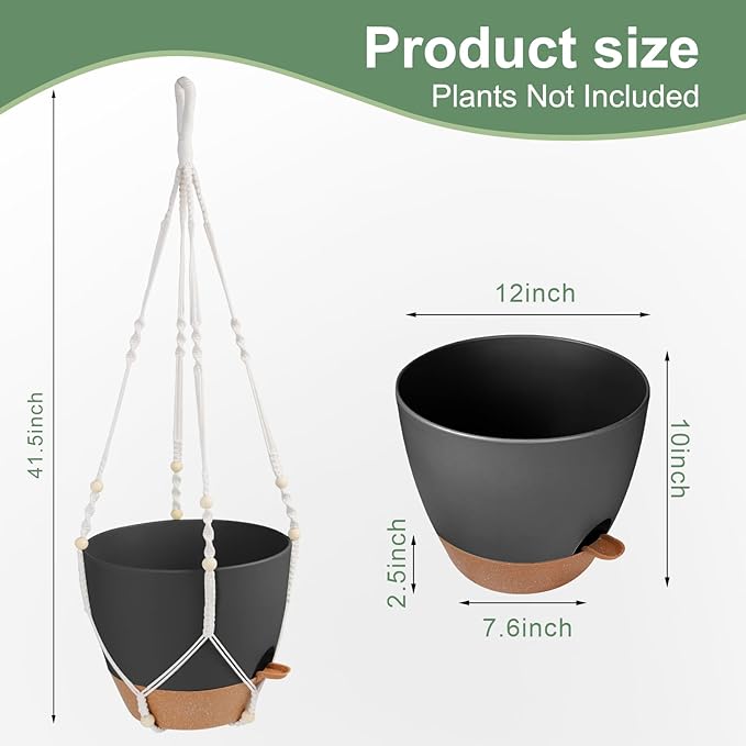 41.5 Inch Macrame Plant Hanger Indoor Outdoor with 12 Inch Flower Pot, Hanging Planter for Plants Holder with Wood Beads for Boho Home Decor (Ivory+Black)