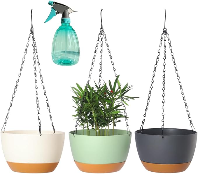3 Pack Plastic Hanging Planters Set ,8.3 Inch Hanging Flower Plant Pot with Drainage Hole for Indoor Outdoor Plants, Round Hanging Basket with Removable tray for Home Garden Porch Balcony Patio Decor