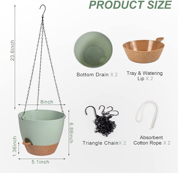 Hanging Planters for Indoor Outdoor Plants, 2 Pack Self Watering Hanging Pot with Drainage Holes & Removable Tray (Green, 8'')