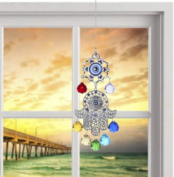 Hamsa Hand with Blue Evil Eye Protection Hanging Crystal Ornament with Chakra Energy Crystal Balls