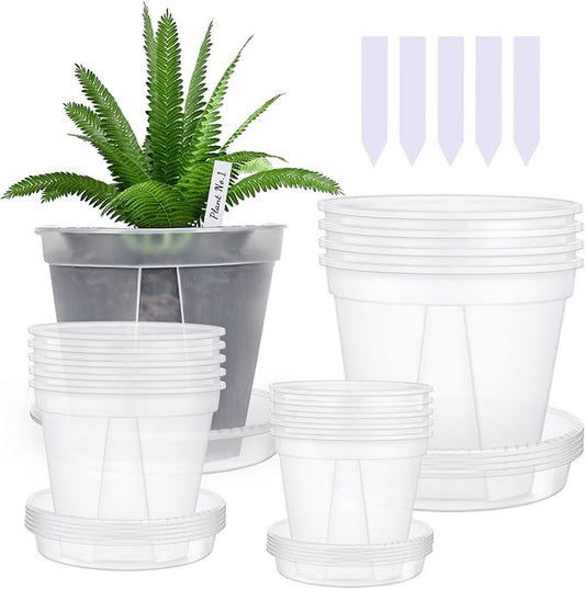 30Pcs Clear Nursery Pots with Drainage and Tray 5/6/7 Inch Plastic Clear Pots for Plants, Orchid Pot Outdoor Indoor Transplant Seedling Planter Pots with 100 Plant Labels,15-Set