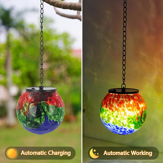 Hanging Solar Lanterns Outdoor Waterproof, Hanging Glass Solar Lantern with Hook, Gazing Ball Lantern Decor for Tree Yard Patio