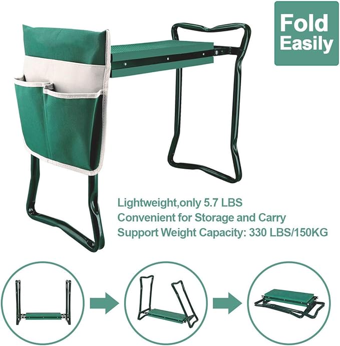 Garden Kneeler and Seat Stool Heavy Duty Garden Folding Bench with Large Tool Pocket and Soft EVA Kneeling Pad for Gardening Lovers