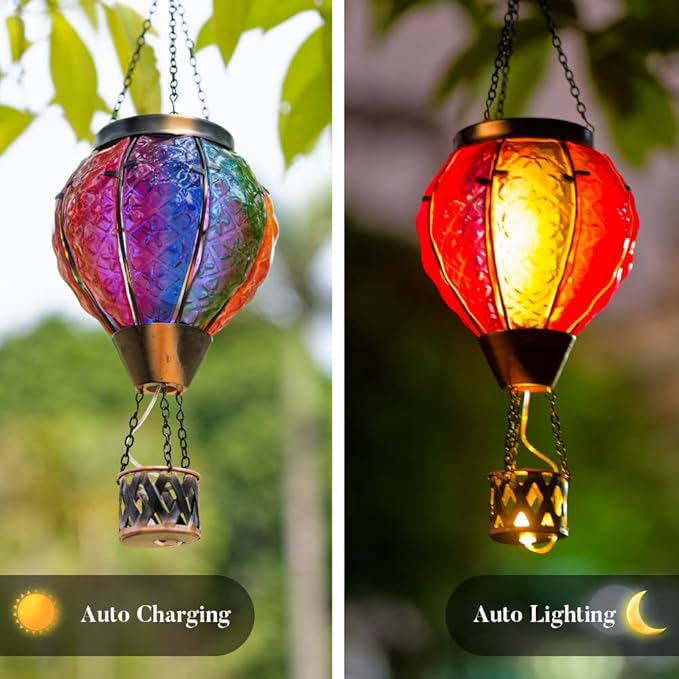2PCS Hot Air Balloon Solar Lantern with Flame Flickering Light LED Glass Hanging Solar Lanterns Outdoor Waterproof Hot Air Balloon Decoration Outdoor Light for Patio Tree Yard Garden Decor