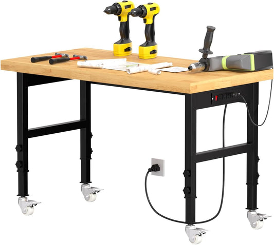 48" Work Bench, Adjustable Height Work Table with Power Outlets and Wheels, 2000 Lbs Capacity Heavy-Duty Hardwood Top Workstation for Garage, Workshop, Office, Home