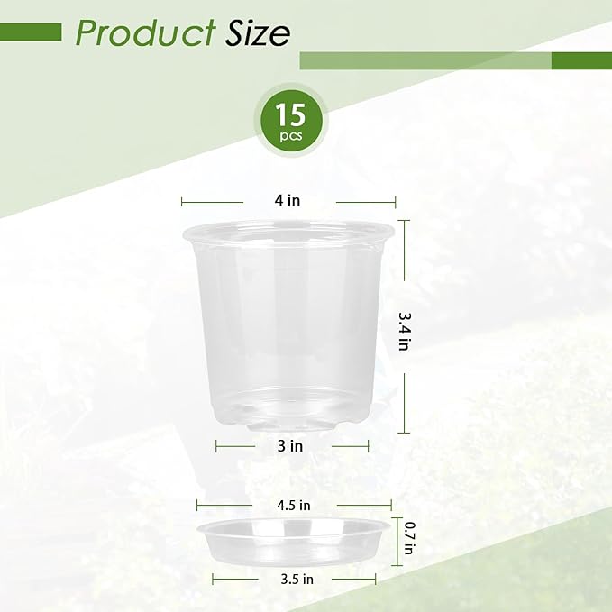4/5/6/7 Inch Clear Nursery Pots for Plants with Sacuers 15 Pack, Plastic Flower Pots with Drainage Holes, Variety Pack Seedlings Garden Pot for Indoor Outdoor (4 inch)