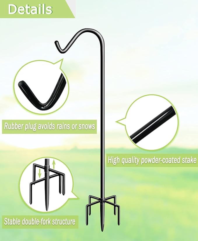 Garbuildman 60 Inch Tall Shepherd Hooks with 5-Forked Base, Adjustable Heavy Duty Bird Feeder Pole Stand Hanger for Outdoor, Shiny Black, 1 Pack
