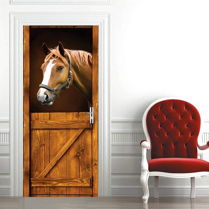 3D Door Stickers Murals - Horse Peel and Stick - Wallpaper Self-Adhesive Decals Removable PVC Waterproof Poster for Bedroom Living Room 35.4" x 78.7"