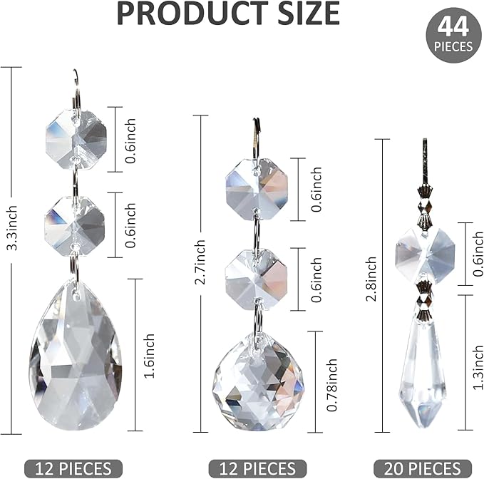 44 Pack Chandelier Crystal Prism Replacement, 38mm Hanging Clear Crystal Glass Bead Prisms 20mm Chandelier Crystals Modern for Foyer Wedding Lamp Windows Christmas Tree Decoration