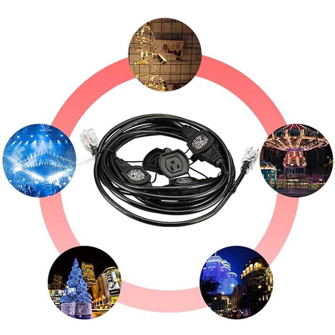 30FT 14 Gauge Multi Outlet Extension Cord, 5 Evenly Spaced Weatherproof Outlets, Great for Stage Backdrops, Landscape Garden Lighting，Christmas Decorations ETL
