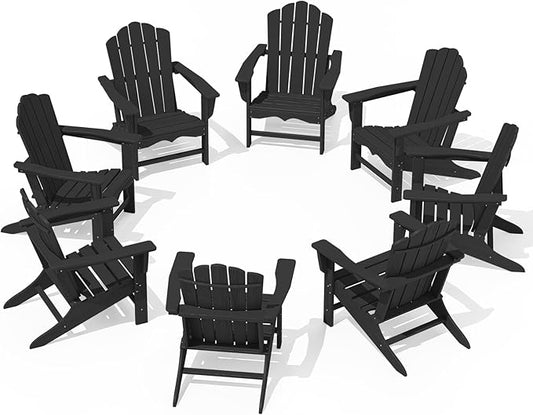 KINGYES HDPE Adirondack Chair, Classic All-Weather Adirondack Chair Set of 8, Black